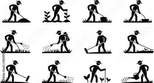 Collection of various garden workers performing different tasks such as planting and watering plants