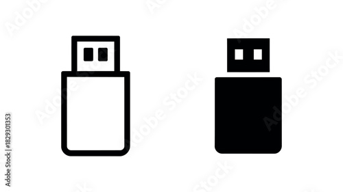 USB flash drive icons outline and solid fill on white background