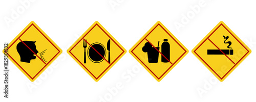 No food no drink no smoke no talk yellow black warning sign 