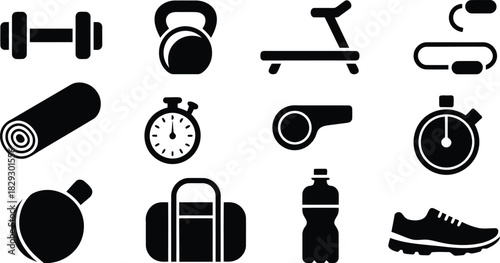 Curated set of black silhouette icons illustrating various gym and fitness equipment for health and wellness pursuits