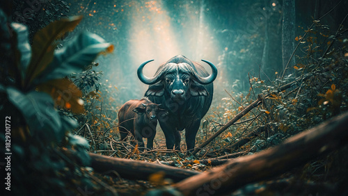 Wild Buffalo and Calf in Dense Forest Light