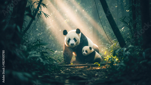 Mother Panda and Cub in Misty Bamboo Forest