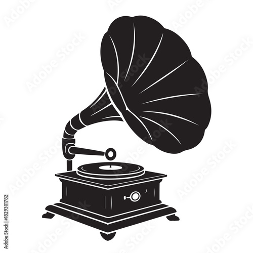 Black and white illustration of a vintage gramophone isolated on white background for various creative projects