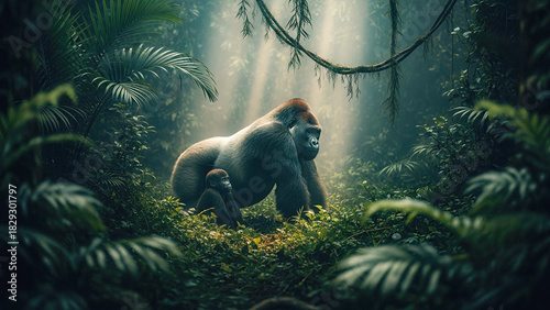 Silverback Gorilla and Young in Lush Jungle Light