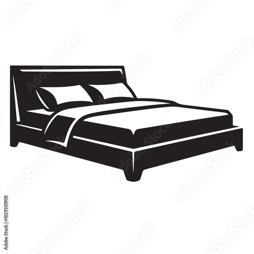 Illustration of a comfortable bed with pillows and blanket isolated on white background for bedroom interior design