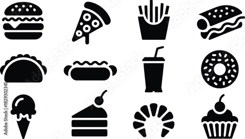 Diverse collection of black silhouette fast food and dessert symbols displayed on a white surface