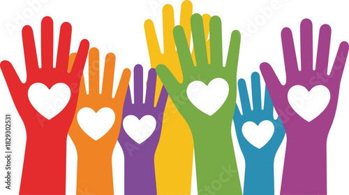 Diverse group of multicolored raised hands featuring white heart symbols representing love and unity
