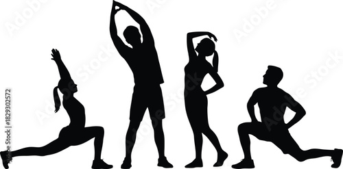 Diverse group of people performing various stretching and fitness exercises in silhouette