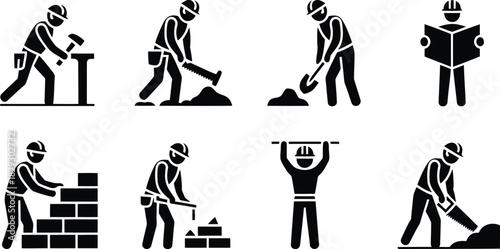 Eight black silhouette icons depicting various construction workers performing different building site tasks