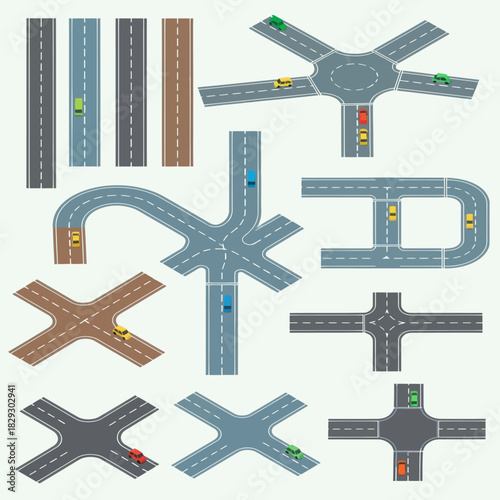 Road network illustrations featuring various road layouts and intersections for transportation design.