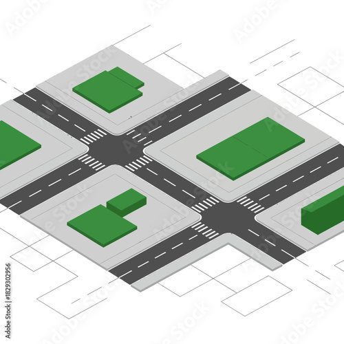 Isometric Cityscape Illustration with Roads and Green Spaces.