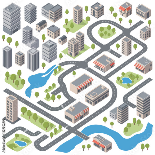 Isometric City Map with Buildings, Roads, and Green Spaces.