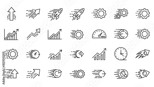 Speed performance growth increase progress boost chart rocket gear time arrow optimization concept icon