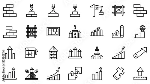 Construction building architecture development plan growth puzzle crane brick scaffold blueprint vector icons