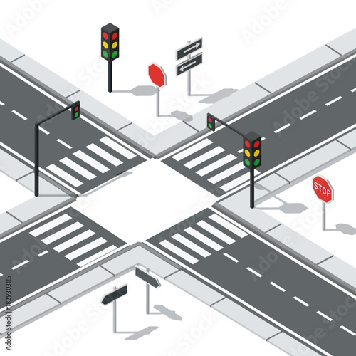 Isometric city street intersection with traffic lights and crosswalks.