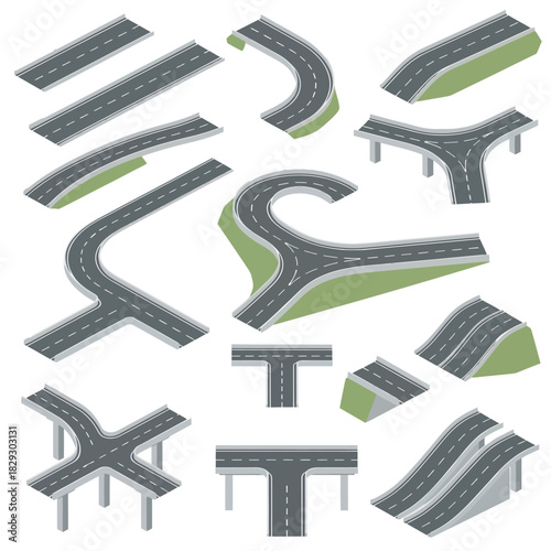 Isometric Road Elements Collection for City Infrastructure and Transportation Design.