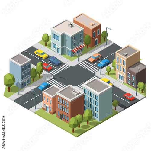 Isometric City Street Intersection With Buildings and Cars.