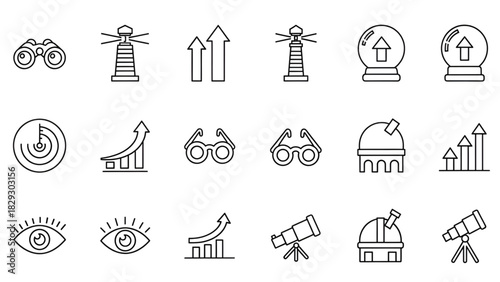 Vision future planning strategy forecast binoculars lighthouse telescope growth chart eye radar icons