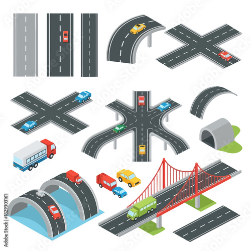 Set of Isometric Roads Intersections Bridges and Vehicles.