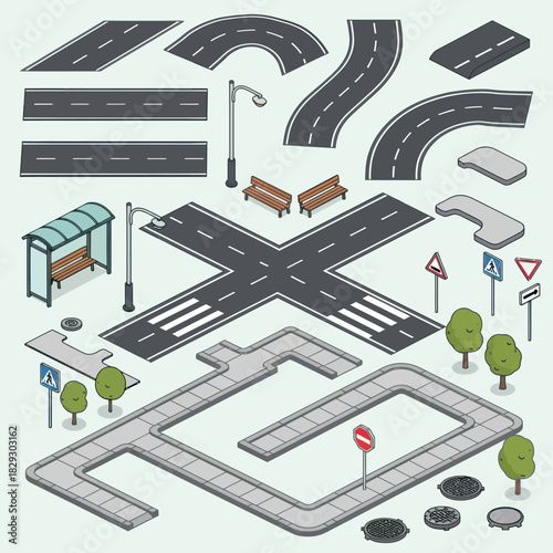 Isometric road construction kit with various elements for city building.
