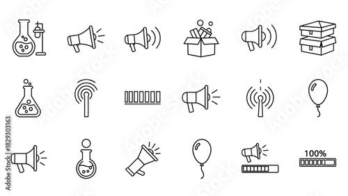 Outline vector set featuring science equipment, boxes, balloons, megaphones, antenna, and a loading bar icon