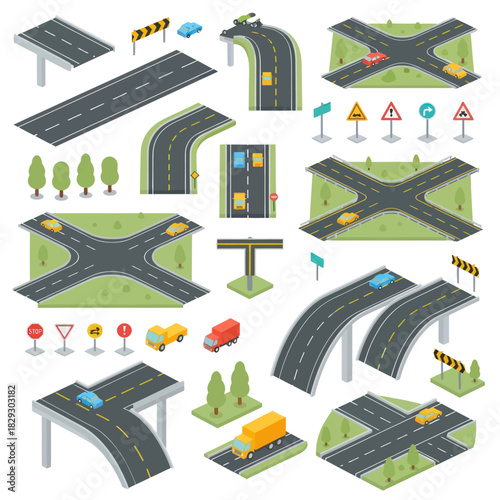 Isometric Road Junctions and Highway Elements Collection.