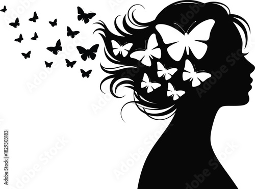 Elegant feminine silhouette with delicate white butterflies emerging from flowing hair