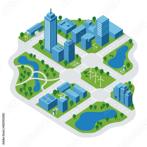 Isometric illustration of a modern sustainable green city with parks and renewable energy.