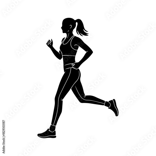 Minimal black & white vector silhouette of a woman jogging in sportswear. Dynamic, sporty pose, clean lines, perfect for fitness and active lifestyle concepts.