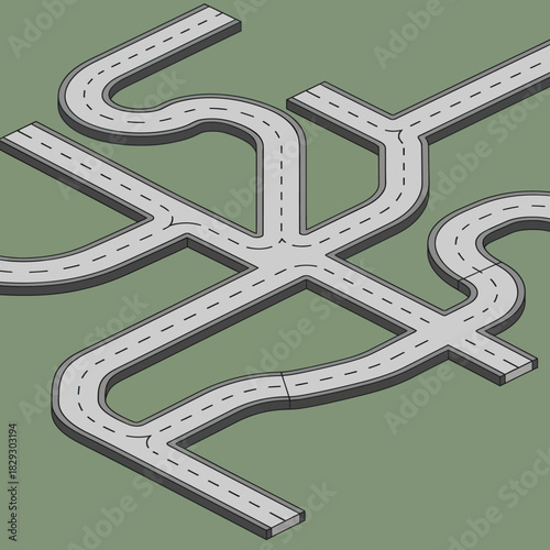 Complex road network design with multiple intersections and curved pathways for transportation.