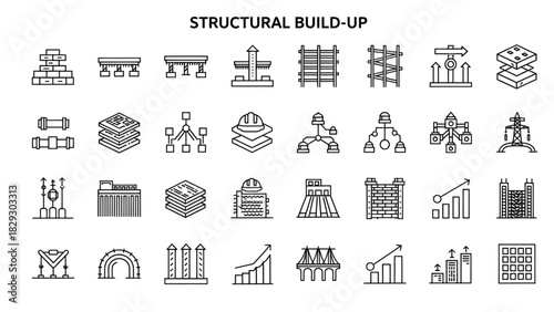 Structural engineering construction build up process design elements icons vector illustration set for architects 