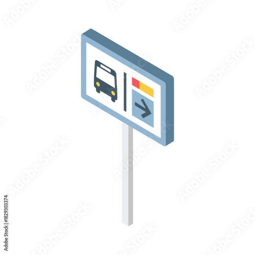 Isometric public transport bus stop sign on a pole.