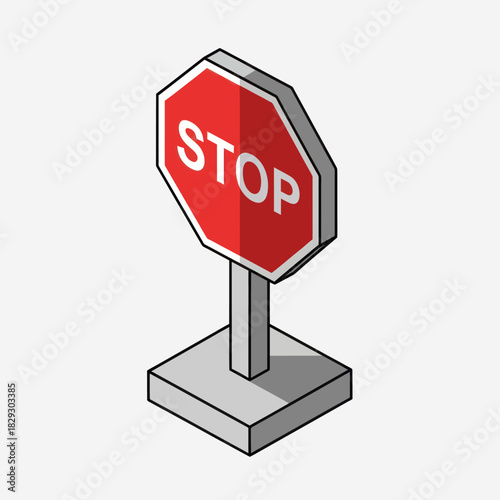 Isometric stop sign with red octagon shape and white text.