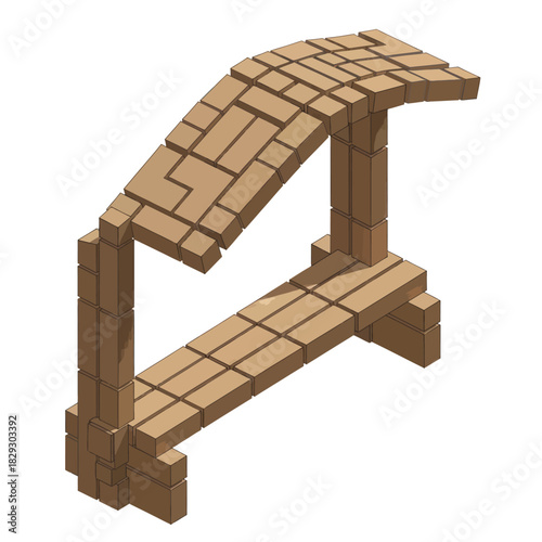 Wooden Archway Structure Made from Small Rectangular Blocks.
