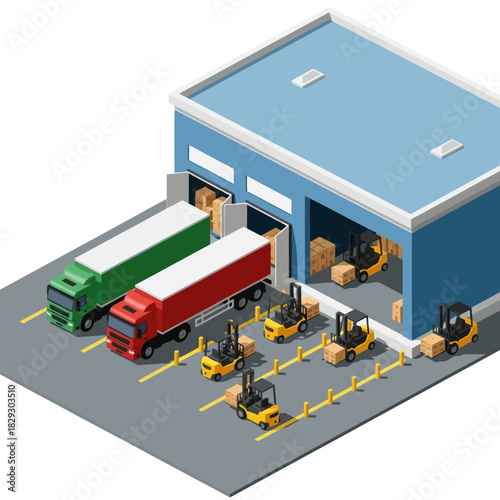 Isometric Warehouse Scene with Trucks and Forklifts.