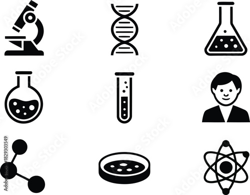 Essential scientific laboratory tools and fundamental concepts like DNA and atoms in a clear icon set