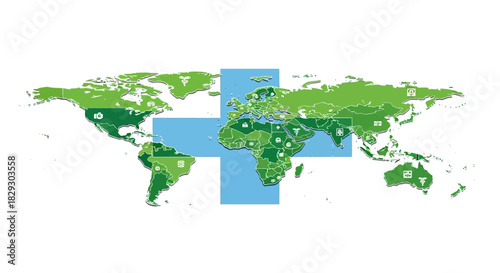 Global healthcare access concept with world map and medical icons, promoting international health and wellness initiatives worldwide for health awareness