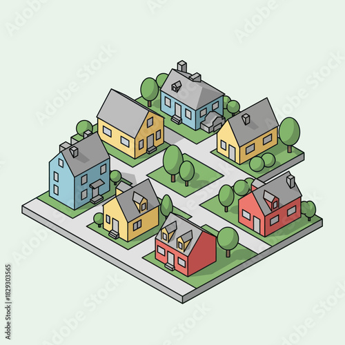 Isometric Neighborhood Illustration - A Quaint Residential Block.