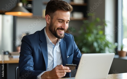 Smiling businessman using laptop and making payment with credit card. High quality