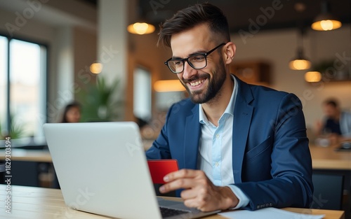 Smiling businessman using laptop and making payment with credit card. High quality