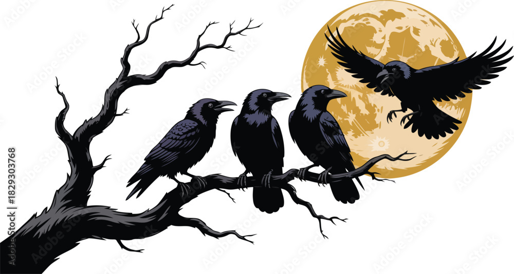 Obraz premium Four black crows gather on a bare tree branch under a full yellow moon in the night sky