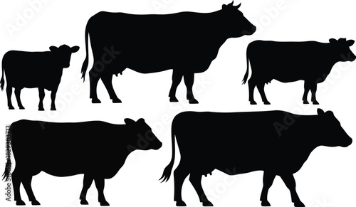 Five different black silhouettes of domestic cows and calves stand on a plain white background