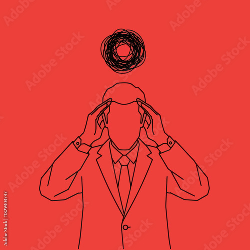 Conceptual line art of a businessman with overwhelming thoughts.