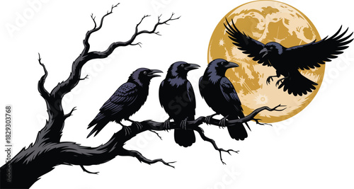 Four black crows gather on a bare tree branch under a full yellow moon in the night sky