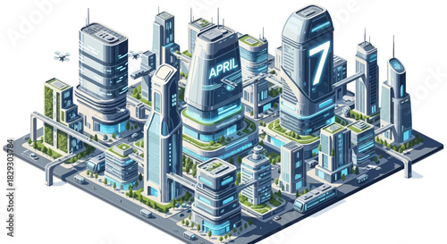 Futuristic city skyline with modern buildings, advanced transport, and green spaces, envisioning April 7th, perfect for innovation and urban planning concepts