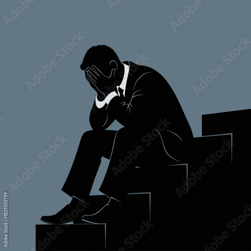 Distressed Businessman Sitting on Stairs with Head in Hands.