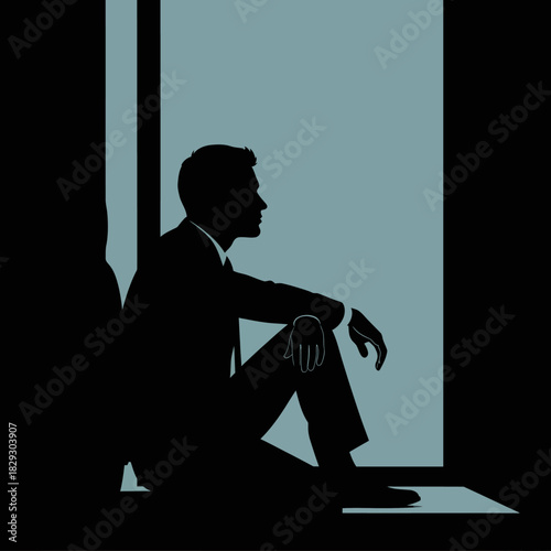Silhouette of a pensive businessman sitting alone in a dark room by a window.