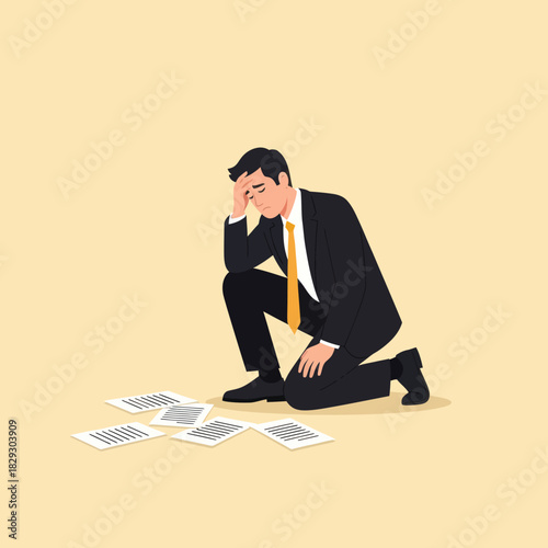 Businessman Kneeling in Despair Amidst Scattered Documents.