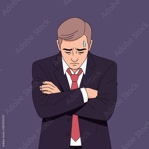 Man in suit looking stressed with arms crossed.