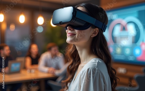 Businesswoman experiencing virtual reality in VR glasses. High quality